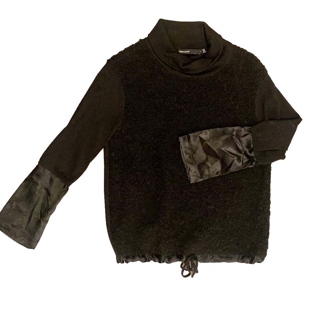 Karen Millen Boucle knit black sweater with satin sleeves size extra small
